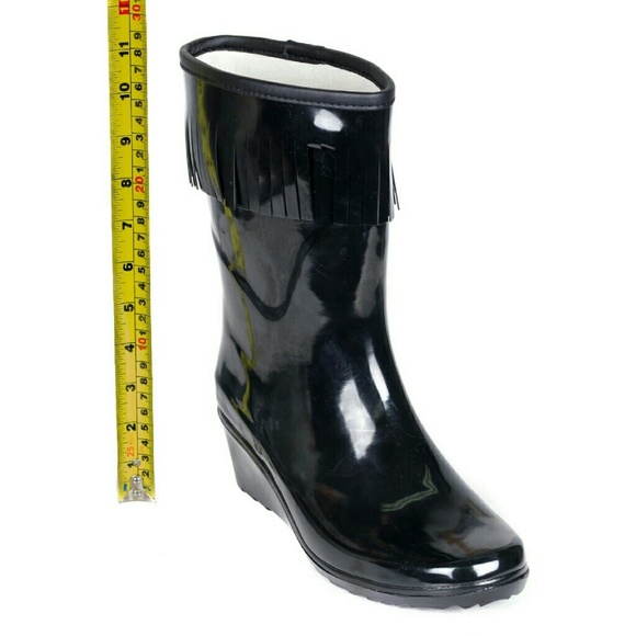 Women Rain Boots, Mid Calf Rubber Wedge Rainboots with Tassels, RB-1811, Black - Picture 3 of 4